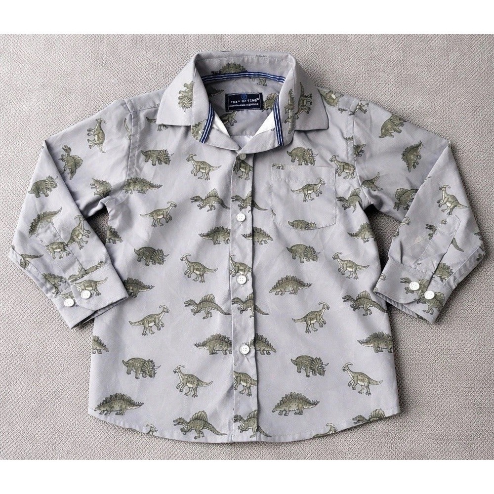 Test Of Time Boys 3T Dinosaur Button Up Shirt Gray Long Sleeve Collared Top